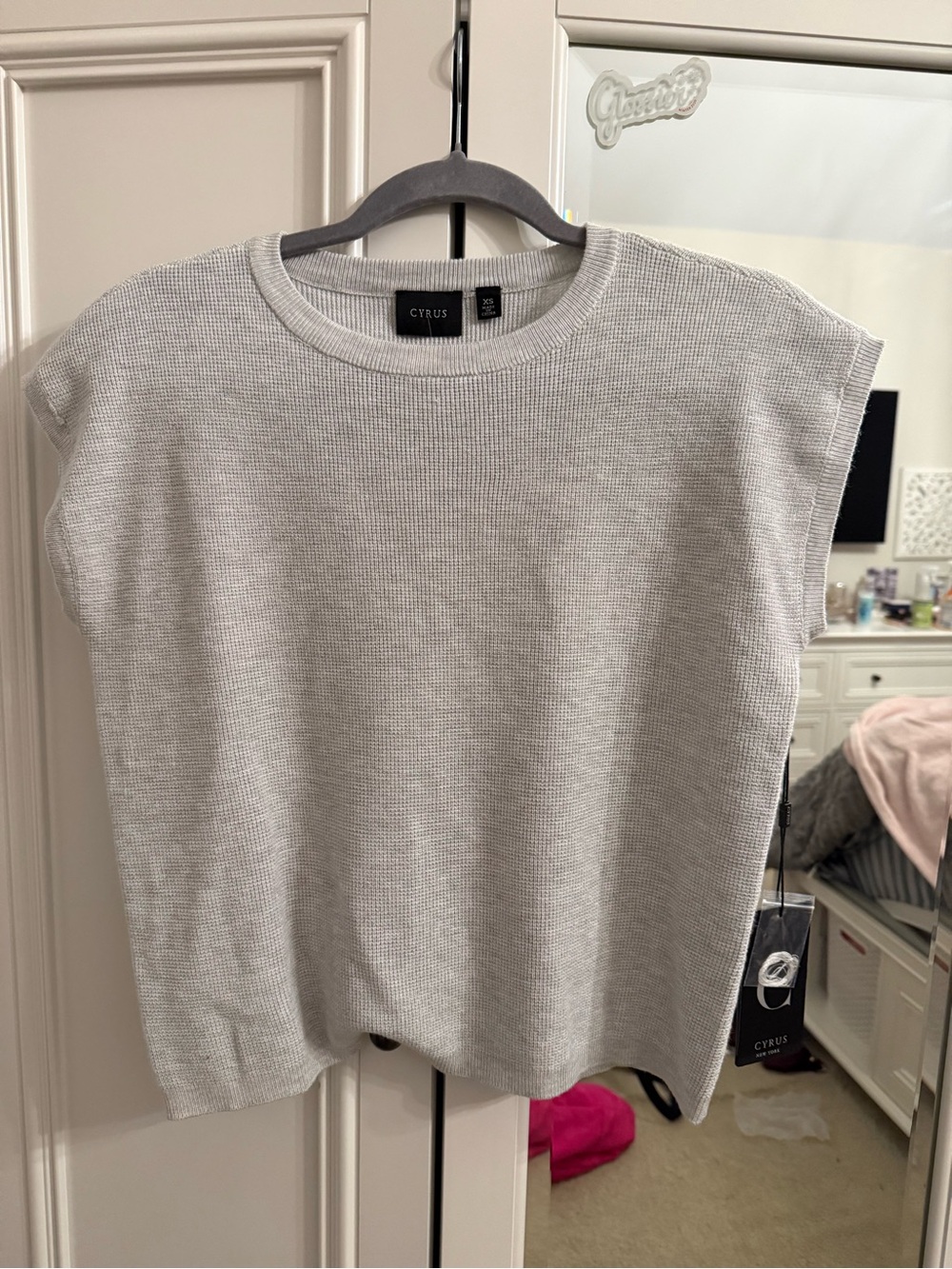 Cyrus Gray Knit Cap-Sleeve Sweater Top
